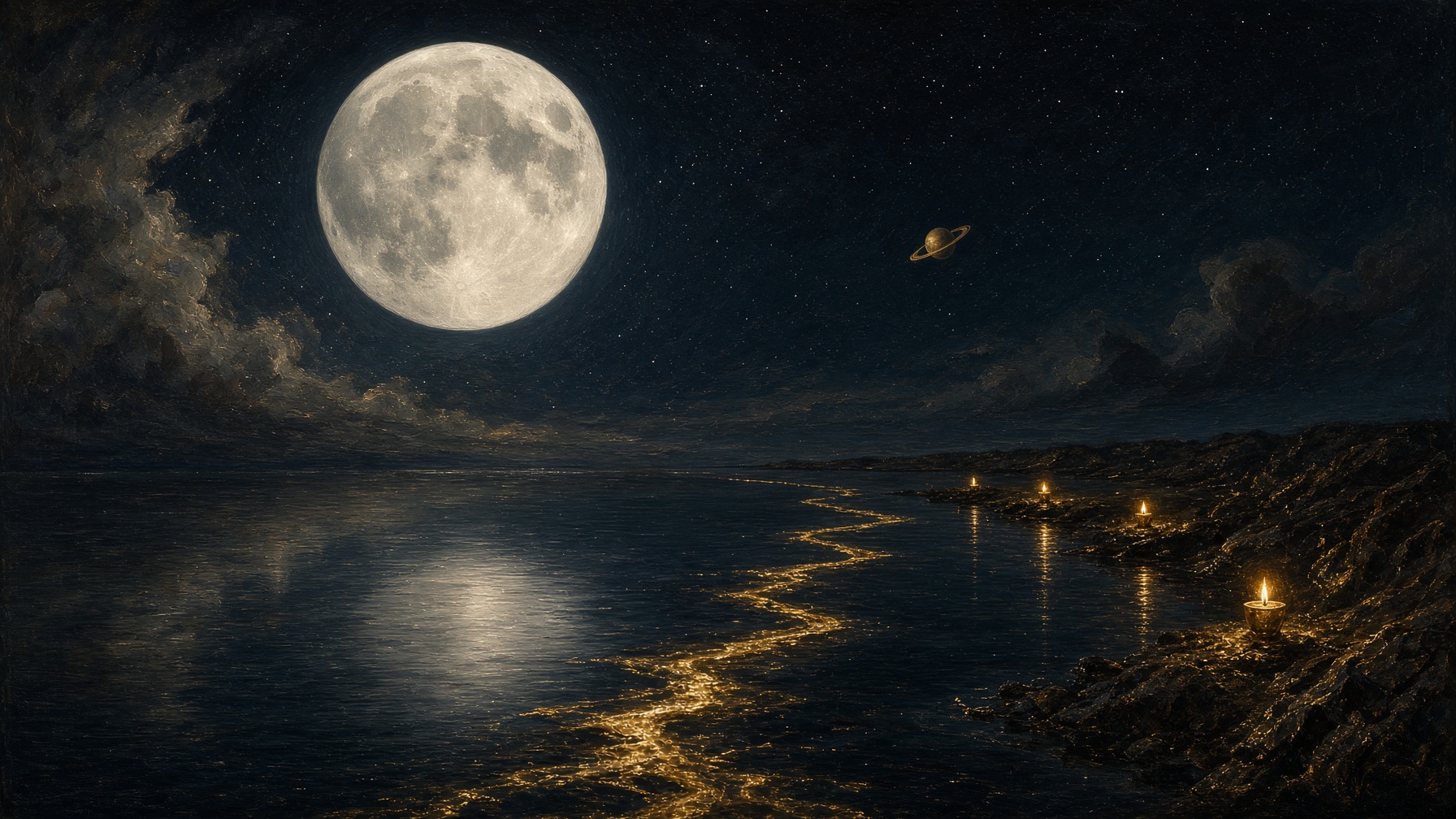 Night water. A close moon. A far ringed planet. Three lights still burning.