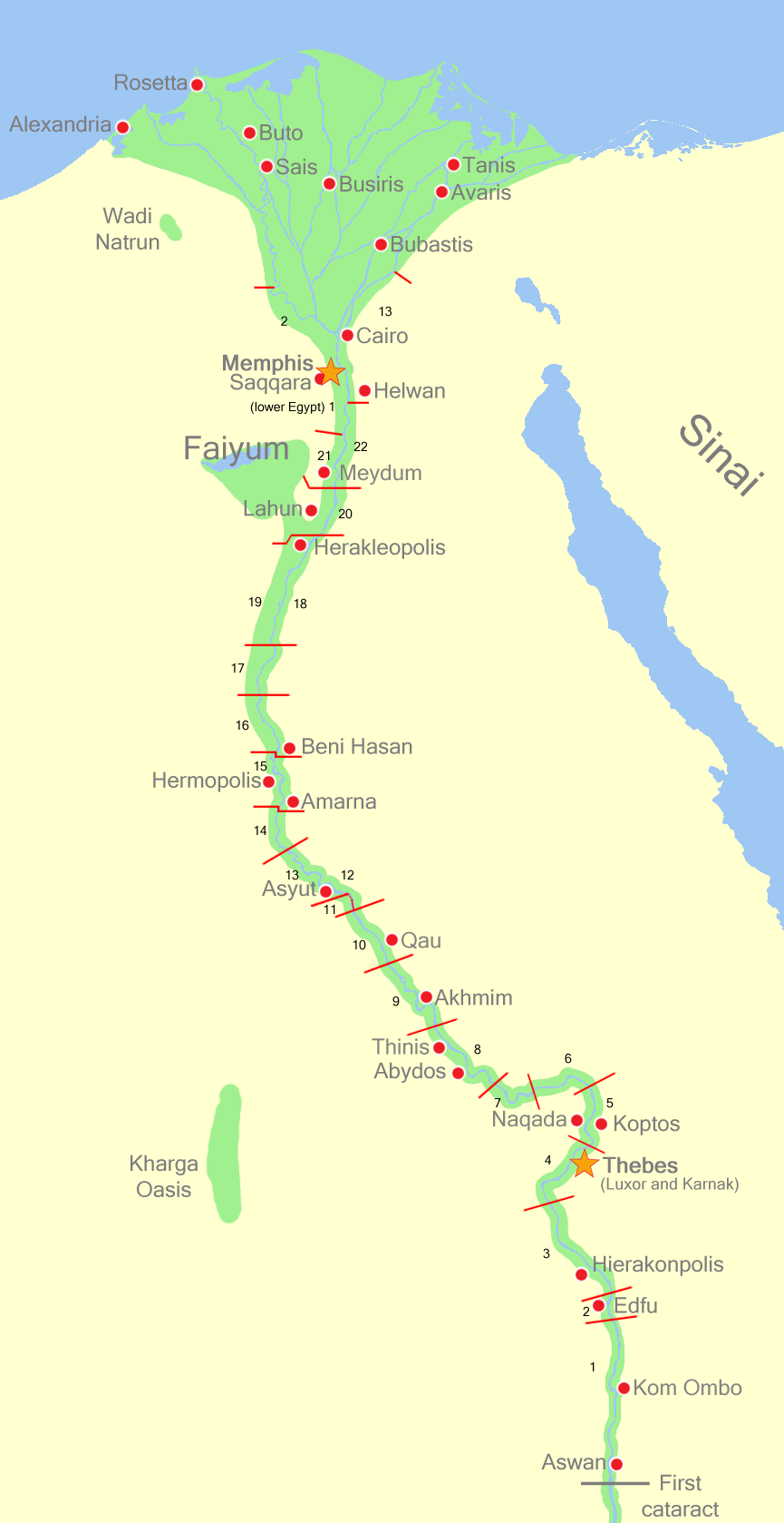 Map of ancient Egypt’s nomes: Lower Egypt in the north with twenty districts, Upper Egypt south along the Nile with twenty-two.