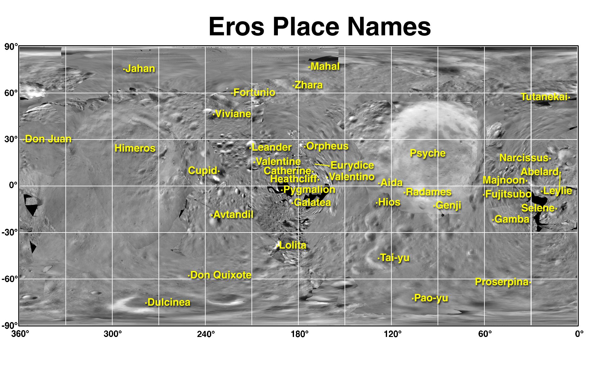 NEAR named map of asteroid 433 Eros. Himeros is the largest crater. Psyche crater sits on the same rock.