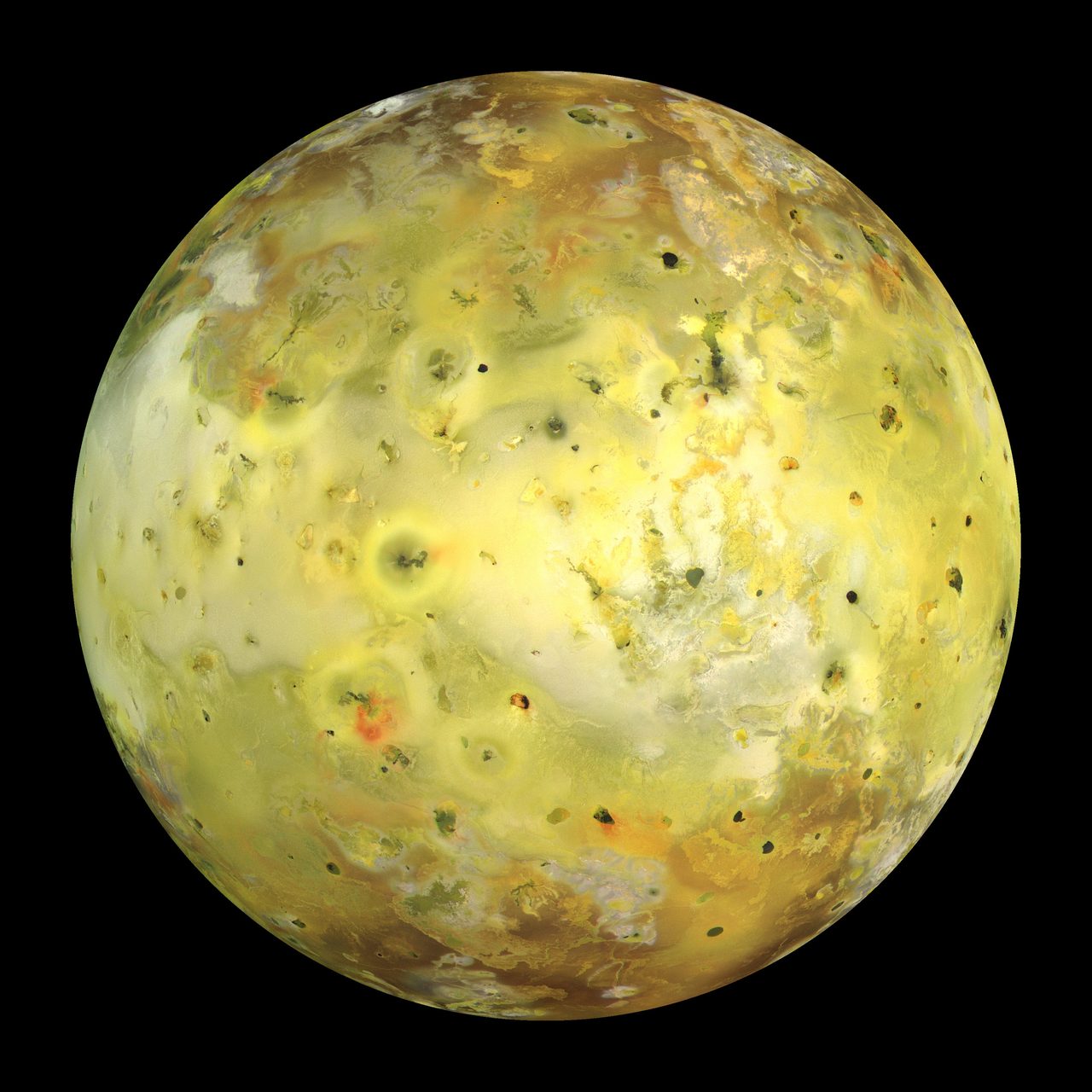 Io in true color from Galileo. One orbit around Jupiter takes about 42.46 hours.