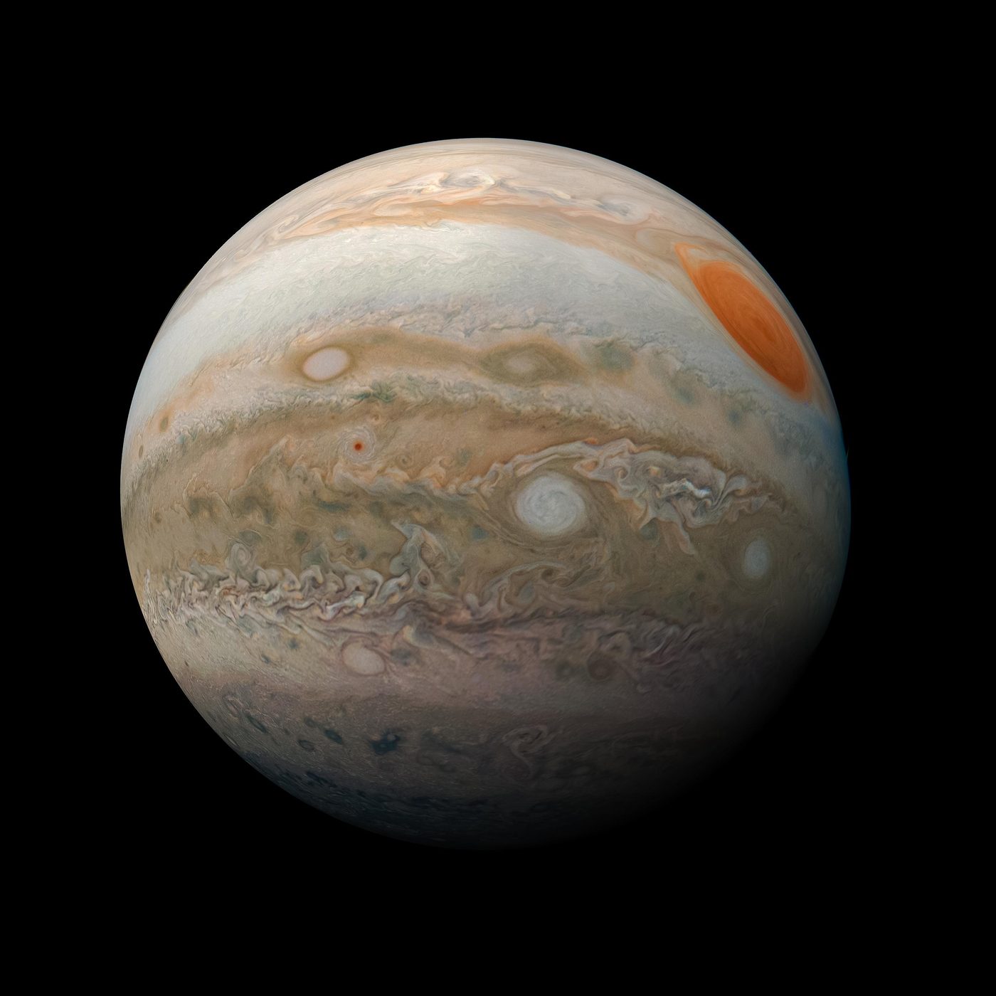 Jupiter from JunoCam, Great Red Spot and southern hemisphere.