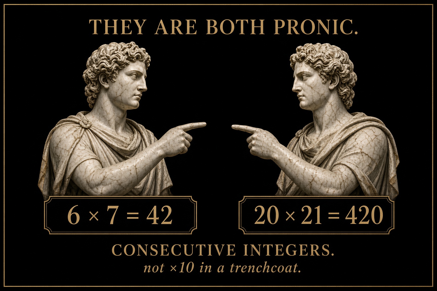 Two marble figures pointing: 6 times 7 is 42, 20 times 21 is 420. Both pronic.