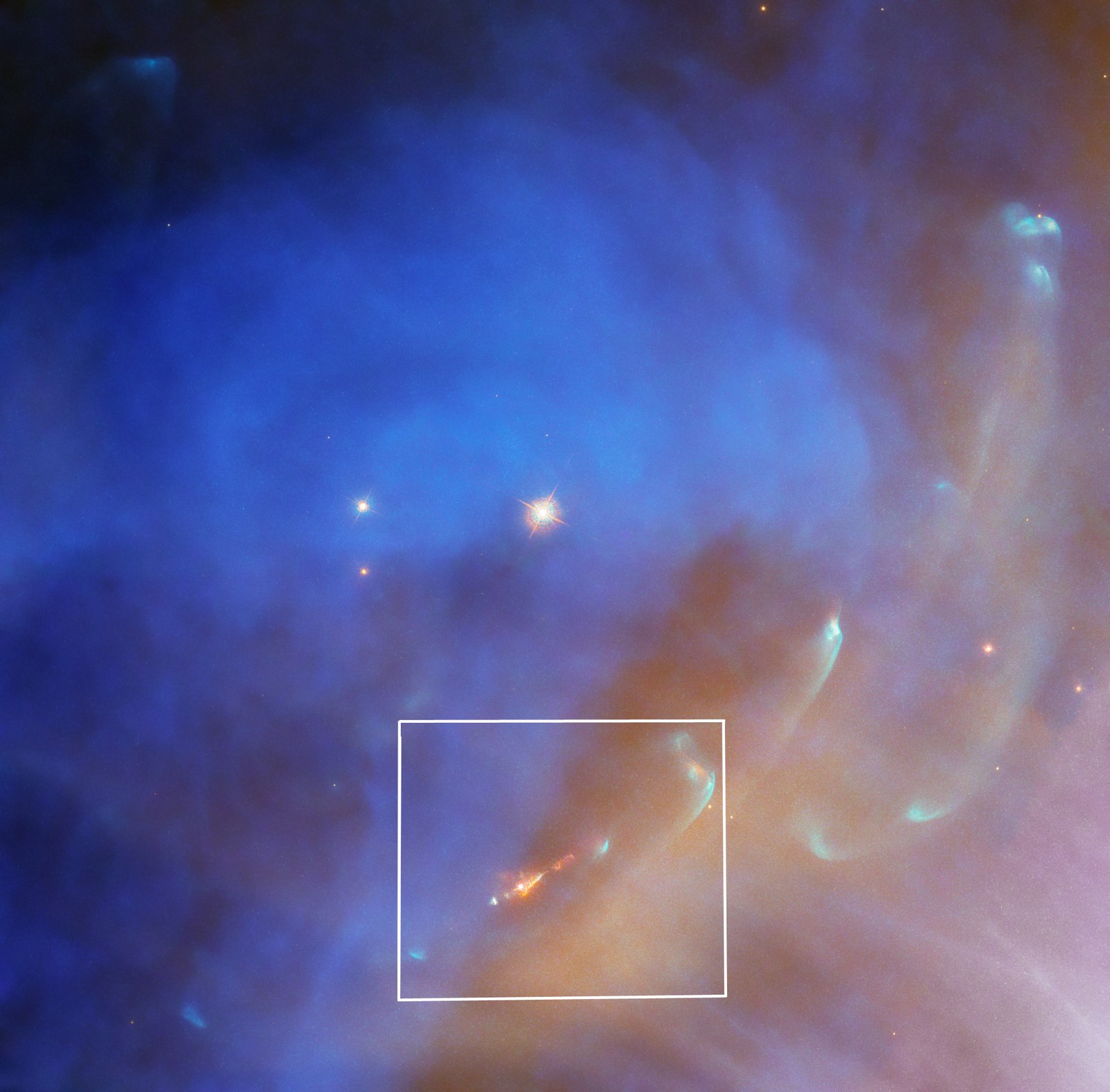 Hubble image of the Running Man Nebula, NGC 1977: a blue reflection cave with an orange stellar jet ionized by 42 Orionis.