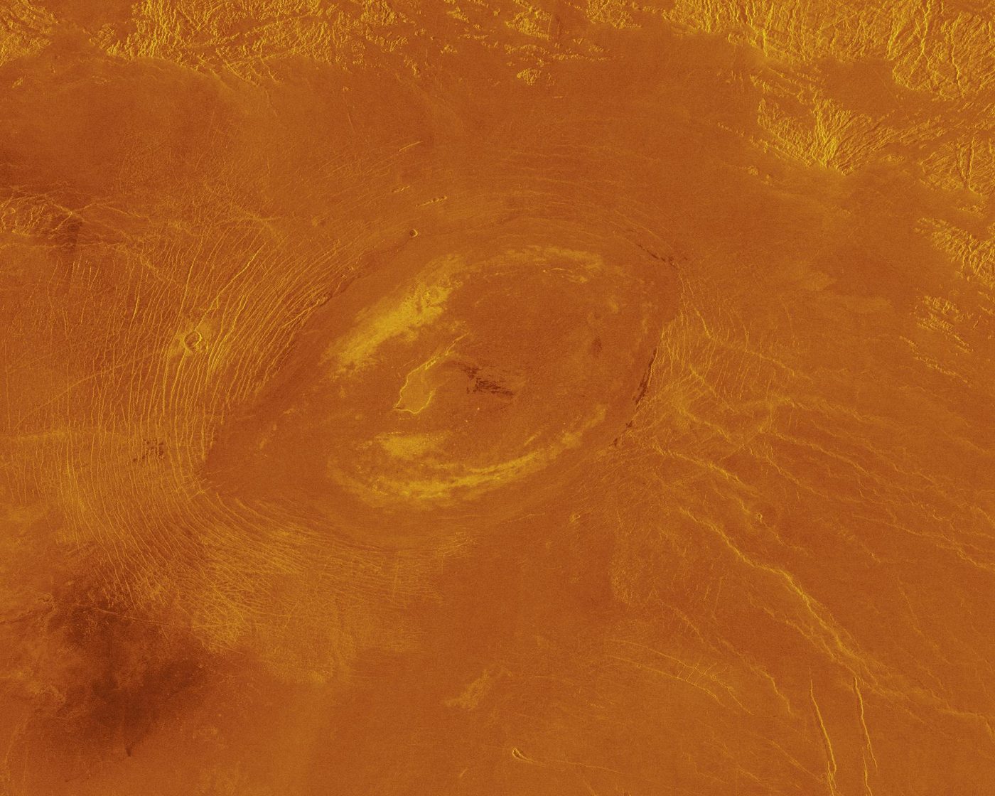 Magellan radar view of Sacajawea Patera on Venus. The published scene is about 420 km wide at the base.